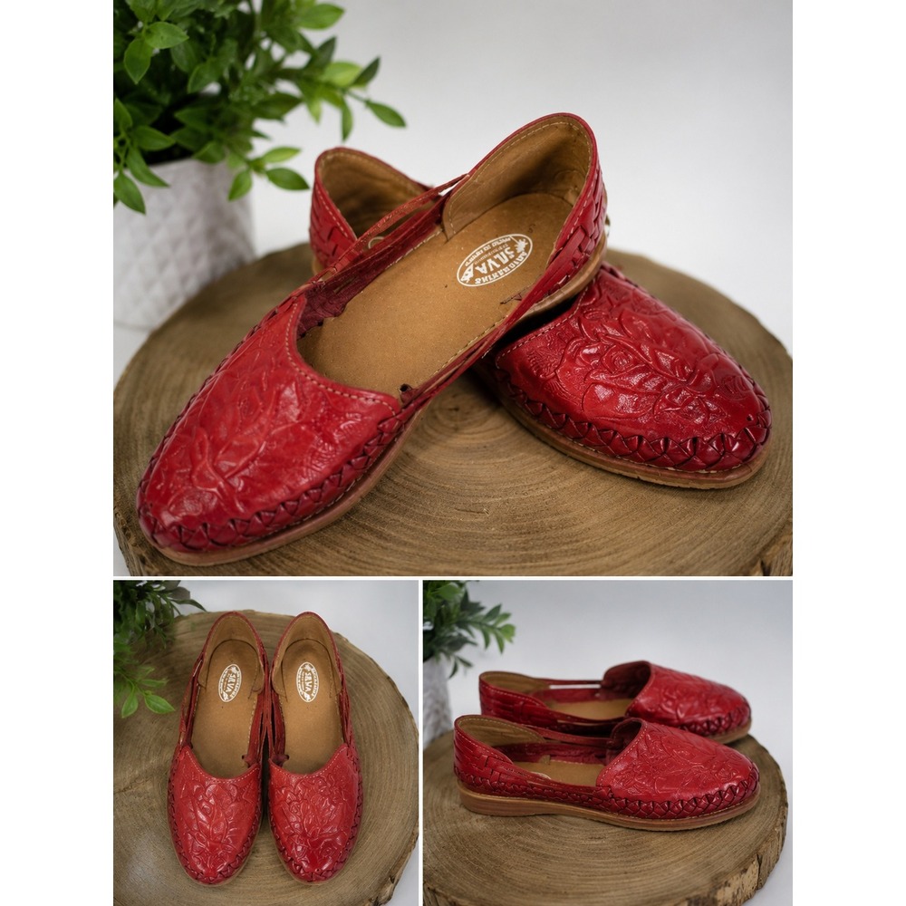 Silva Handmade Leather Slip On Flats Red Tooled Leather  US Women's Size 7.5.
